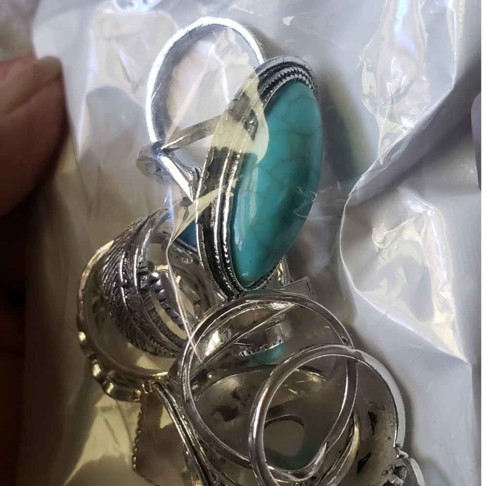 Silvertone Turquoise Opal Faux Lot of 40 Rings Boho Flower Fashion Ring GIFT New - Picture 14 of 15